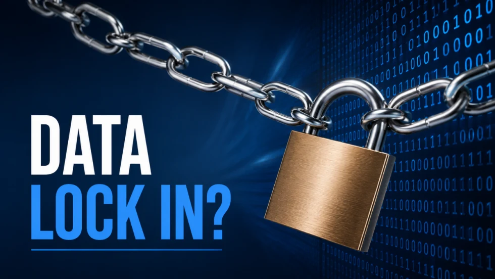 Illustration of a padlock attached to heavy chains over a digital binary background with the words “Data Lock In?” in large bold text.