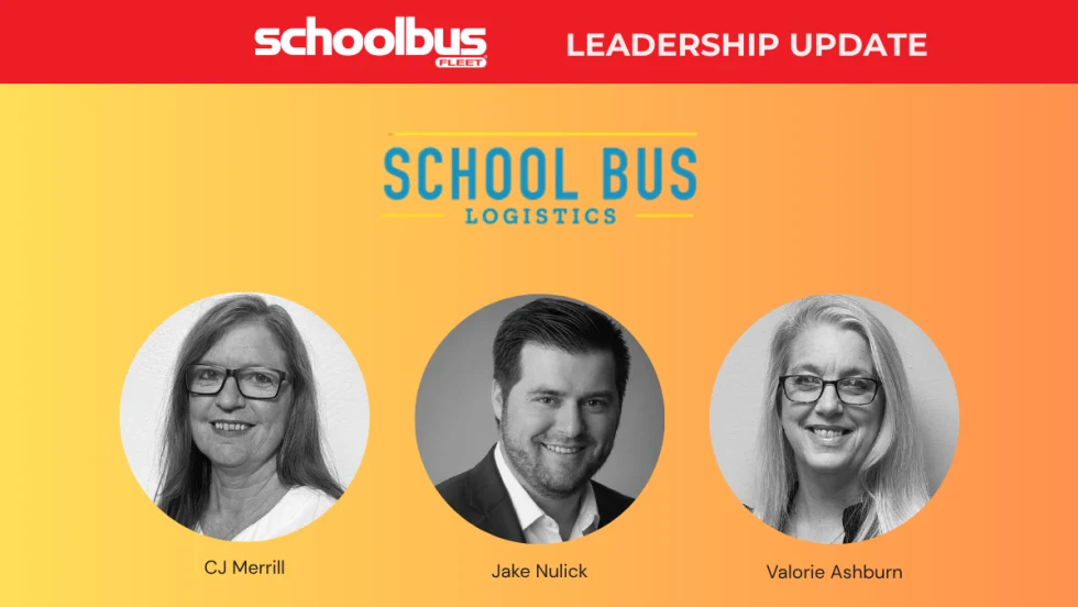 School Bus Fleet leadership update graphic featuring the School Bus Logistics logo and headshots of three newly hired software data analysts: CJ Merrill, Jake Nulick, and Valorie Ashburn.