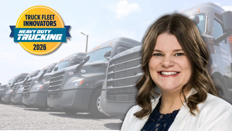 Woman in white blazer superimposed on background showing a row of Fraley & Schilling truck, plus the HDT Truck Fleet Innovators 2026 logo