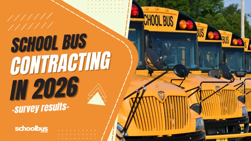 Row of yellow school buses parked side by side beside graphic text reading “School Bus Contracting in 2026 – Survey Results.”