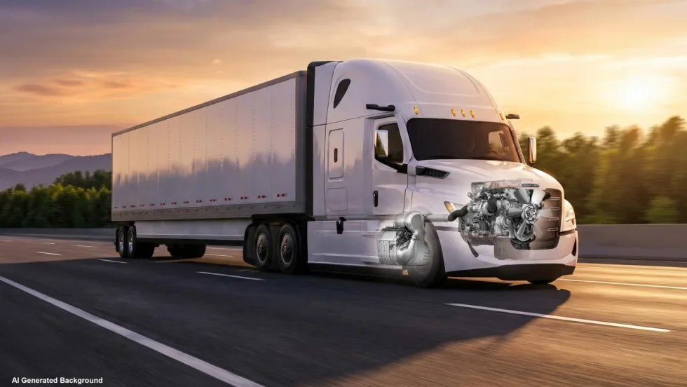 Illustration of Freightliner Cascadia on highway with engine cutaway