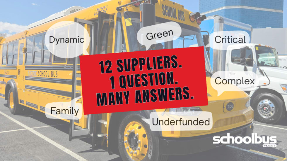Thumbnail graphic for a School Bus Fleet video compilation. A yellow electric school bus serves as the background, with speech bubbles containing words such as “Dynamic,” “Green,” “Critical,” “Complex,” “Family,” and “Underfunded.” A red banner reads, “12 Suppliers. 1 Question. Many Answers.” The video explores how industry suppliers describe the current state of the school bus market.