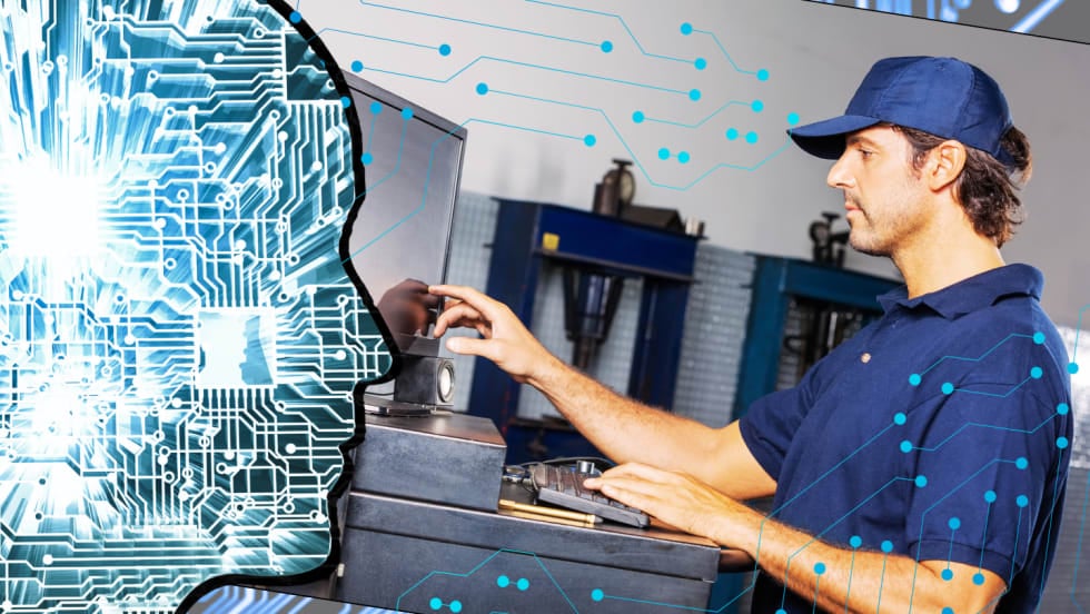 Conceptual Illustration of artificial intelligence in a truck maintenance shop