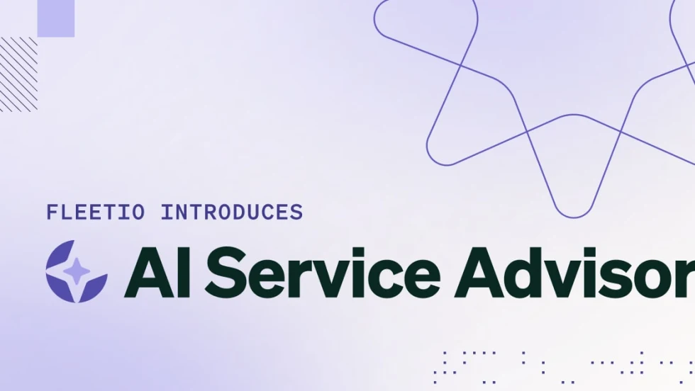 A purple and white Fleetio graphic with text reading "Fleetio Introduces AI Service Advisor."