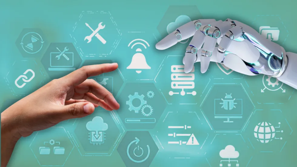 Cloud computing concept background with human and robot hands concept