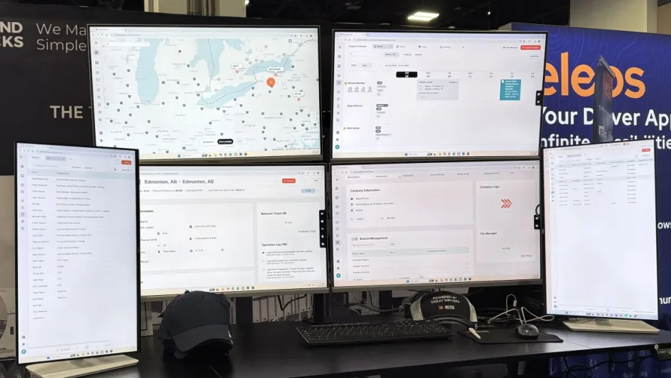 Four horizontal and two vertical video screens show different aspects of BeyondTruck's new compatibility engine