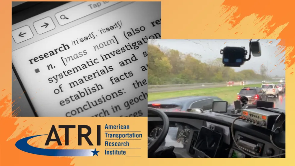 Illustration of inside truck cab with dashcam on window, definition of research, and ATRI logo
