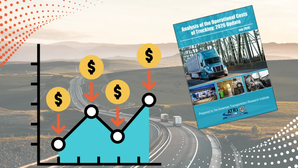 Cover of ATRI operational costs study with graph clip art and photo of trucks on highway in the background