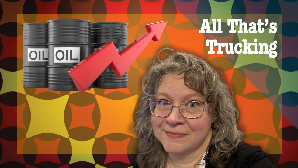 Illustration with 1970s pattern background, headshot of Deborah Lockridge, and oil barrels with red arrow pointing up.