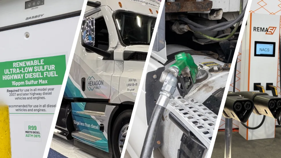 Collage of fuel options for trucks - renewable diesel, renewable natural gas, diesel, and electric