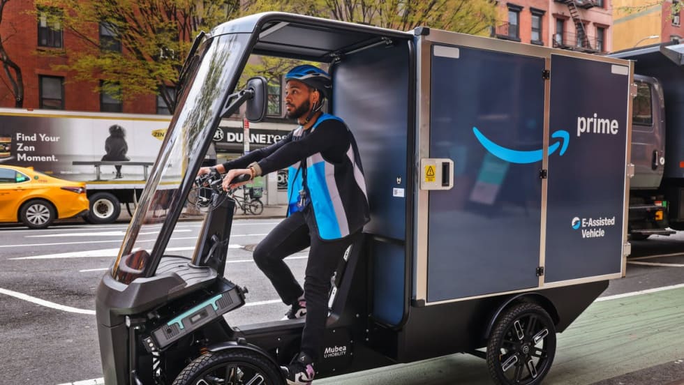 Amazon electric cargo bike on New York City street