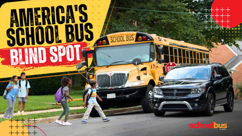Graphic for an opinion article on illegal school bus passing. A school bus with its stop arm extended is stopped as children cross the street, while a black SUV drives past. Headline reads, “America’s School Bus Blind Spot.” School Bus Fleet branding appears in the corner.