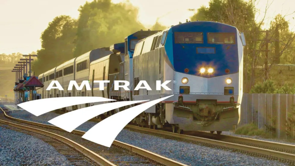 A photo of an Amtrak train with a logo