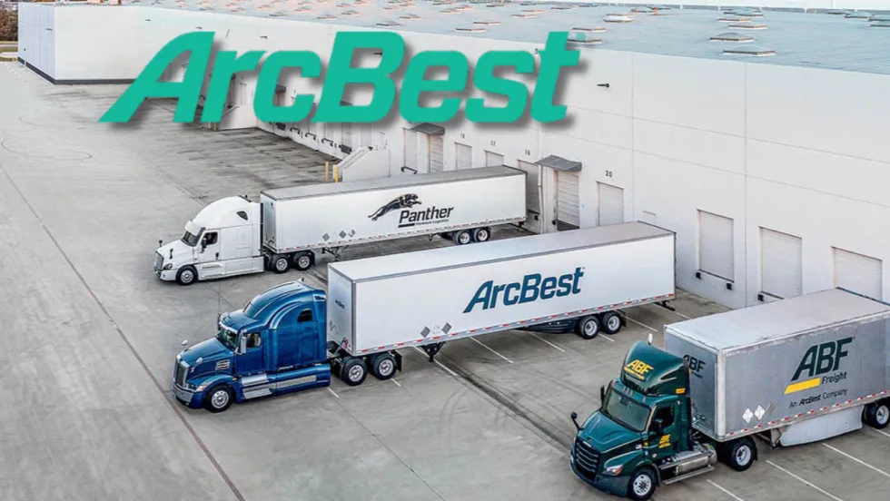 Photo of semi trucks with Panther, ArcBest, and ABF trailers backed up to docks, with ArcBest logo superimposed on top