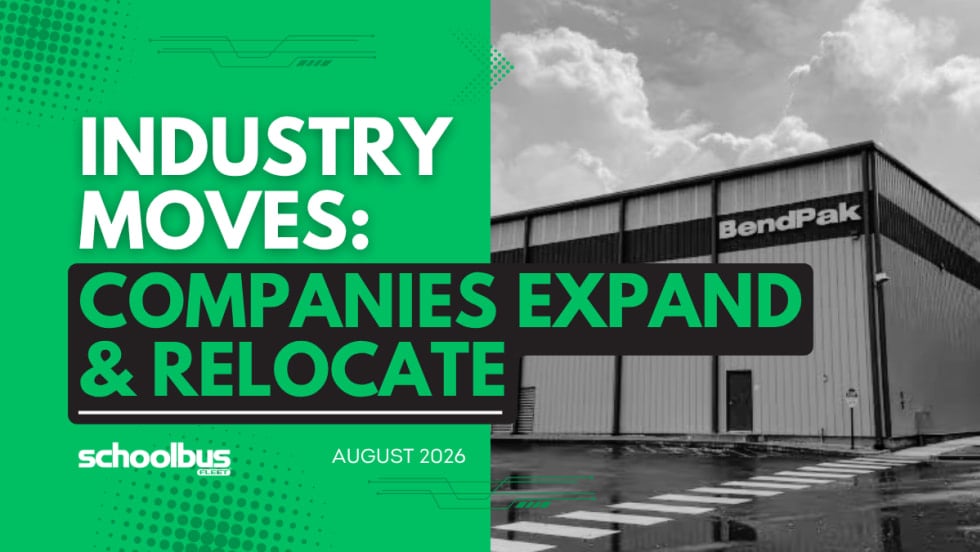 A green and white graphic with a black and white image of a new Bendpak facility with text reading "Industry Moves: Companies Expand & Relocate."