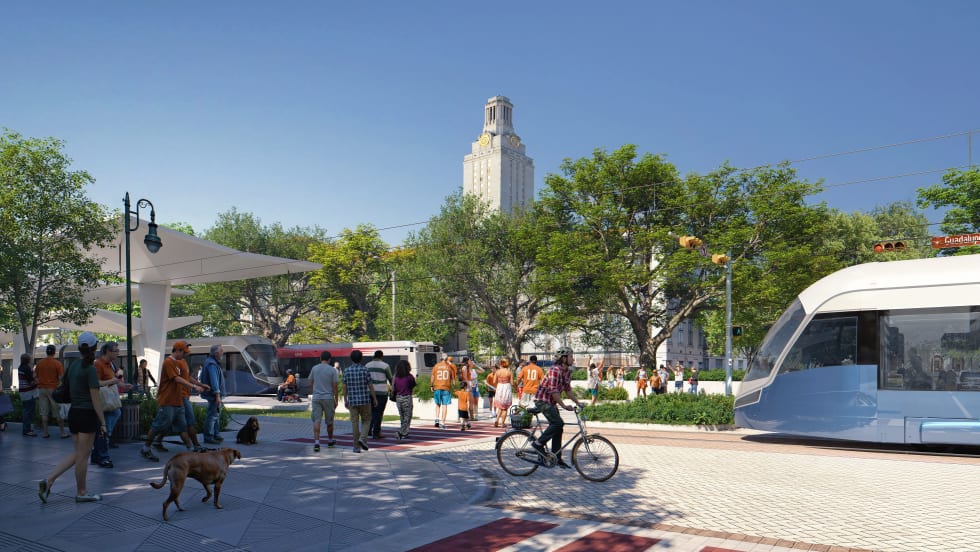 Austin Light Rail rendering from UT perspective
