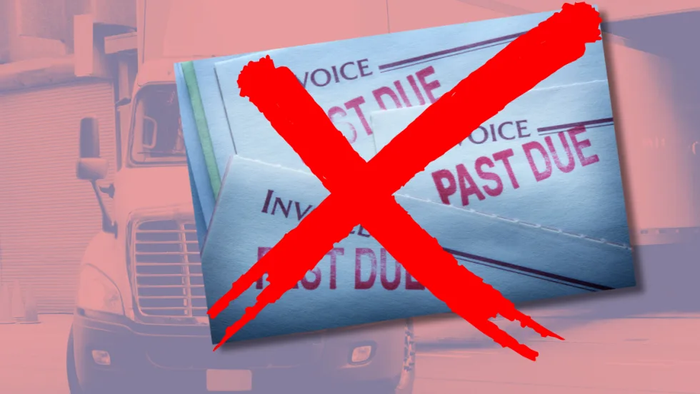 Illustration of past due invoices with red X on top with background of a truck at a loading dock