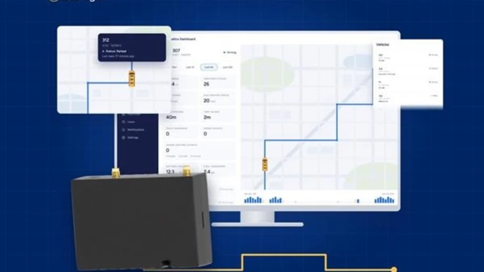 BusRight telematics graphic showing a GPS tracking device alongside a digital fleet management dashboard with school bus routes, vehicle information, and a map.