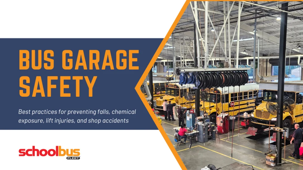 School bus maintenance garage with multiple buses in service bays and technicians at work, alongside text highlighting bus garage safety best practices.