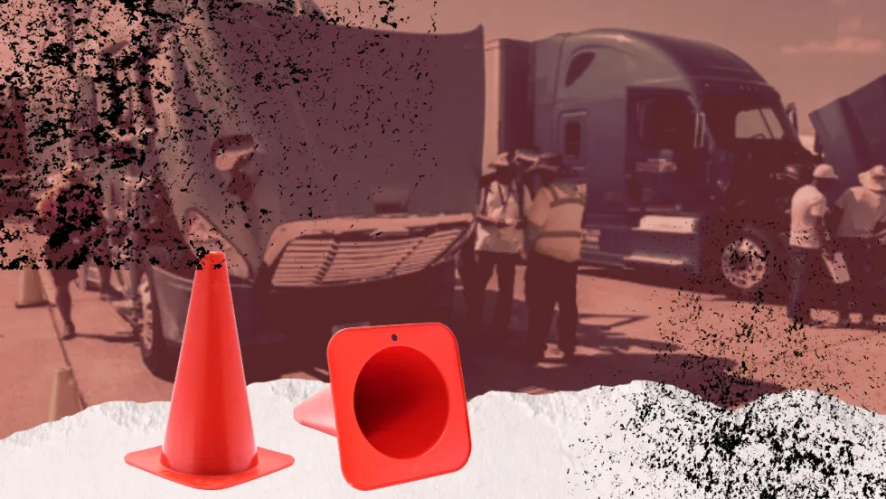 Illustration of driver students around trucks with distressed graphic elements and safety cones