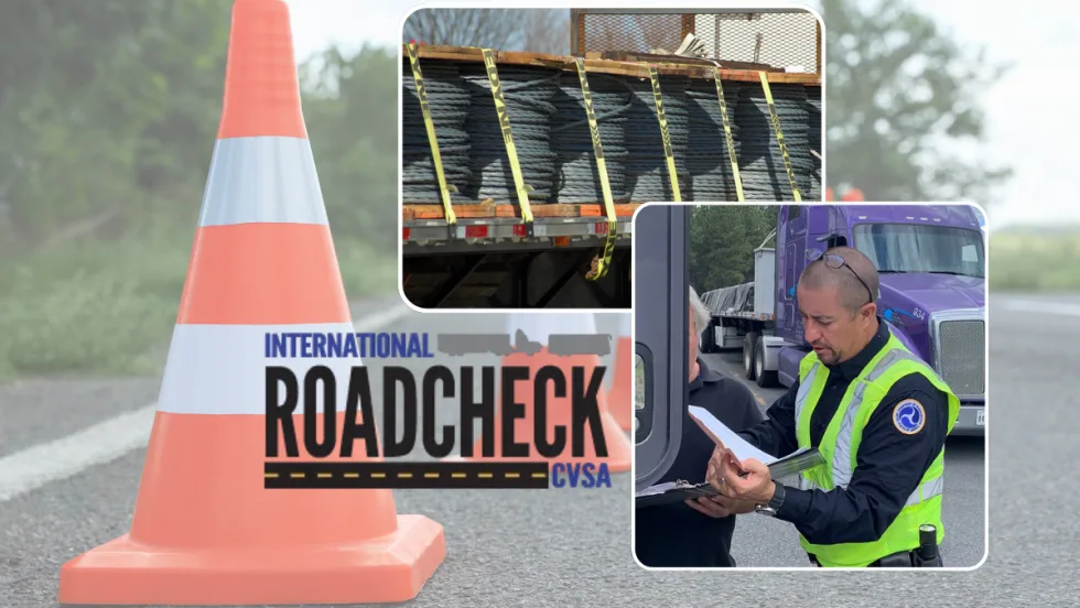 Illustration with safety cones in background, Roadcheck logo, cargo tiedowns, and officer checking driver logs
