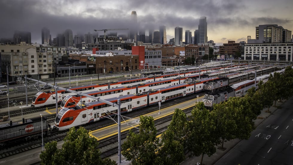 Caltrain trains on tracks