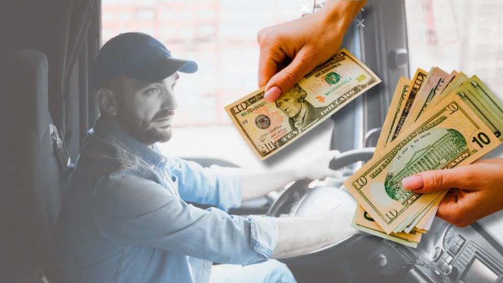Truck driver behind the wheel with illustration overlaid of someone handing out cash