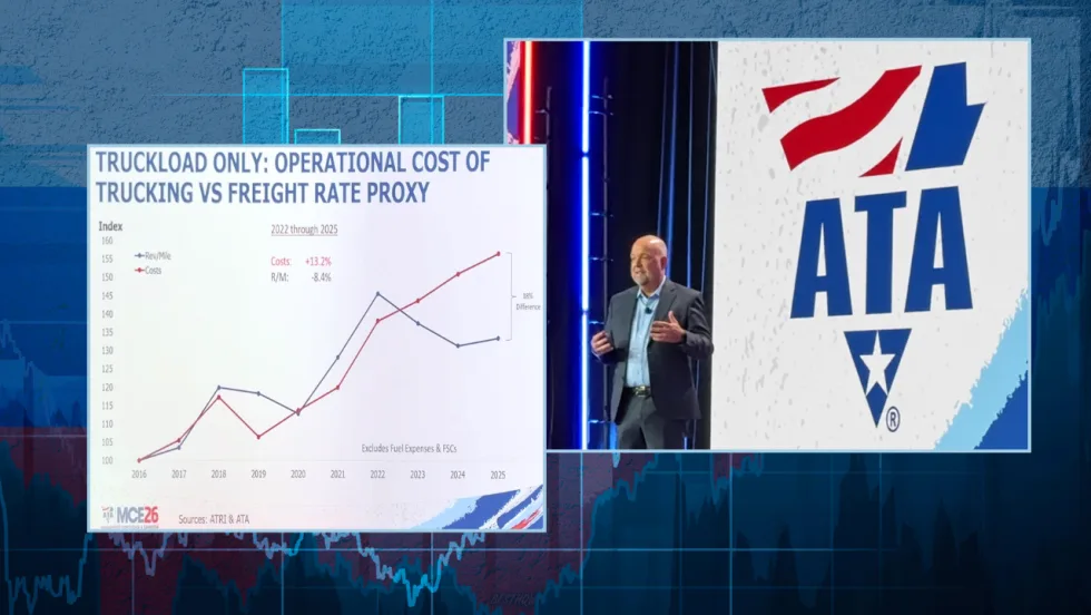ATA economist Bob Costello speaking beside a graph showing truckload operating costs rising as freight revenue per mile declined after 2022.