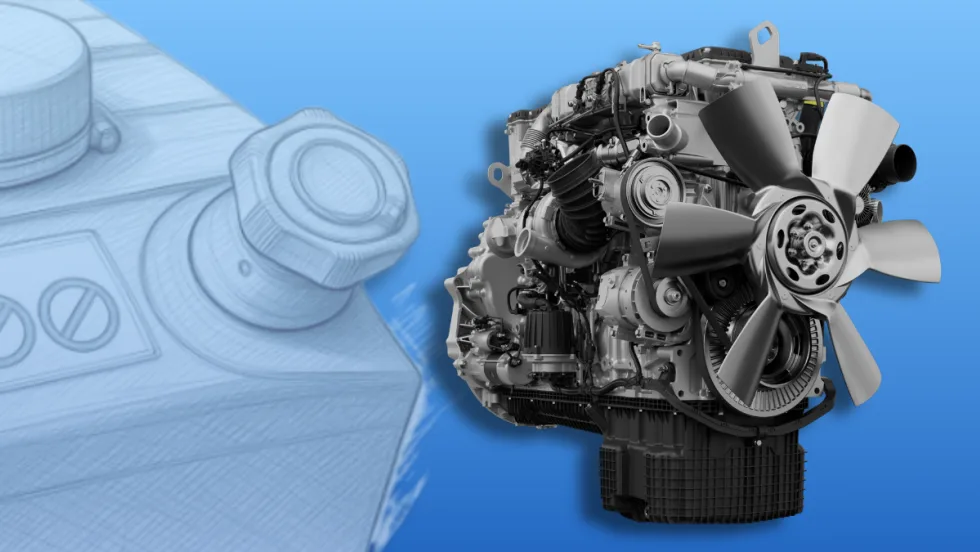 Illustration of Detroit engine with sketch of DEF tank in background.
