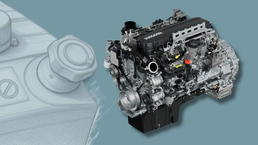 Illustration showing Paccar MX engine with sketch illustration of DEF fill tank in background
