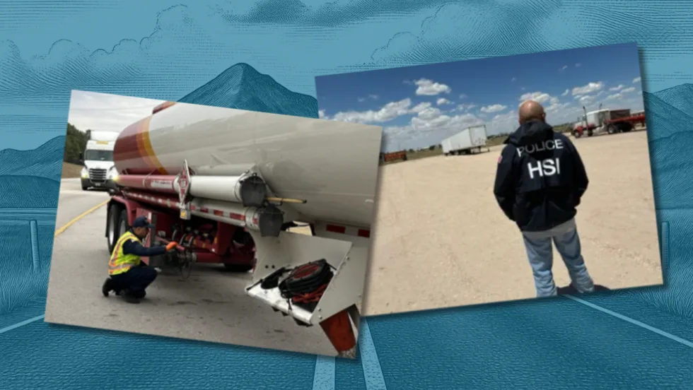 Photos of a commercial truck vehicle inspector looking at a tanker trailer and a man with his hands in his pockets wearing a jacket with the letters HSI on the back (Homeland Security Investigations)