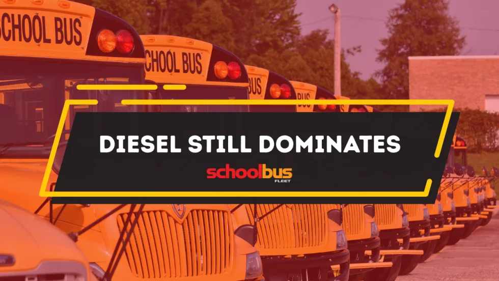 Rows of yellow school buses parked in a lot with “Diesel Still Dominates” graphic overlay highlighting continued diesel use in school transportation fleets.