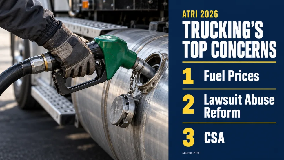 Gloved hand fueling a truck beside a graphic listing ATRI’s top three trucking concerns for 2026: fuel prices, lawsuit abuse reform and CSA.