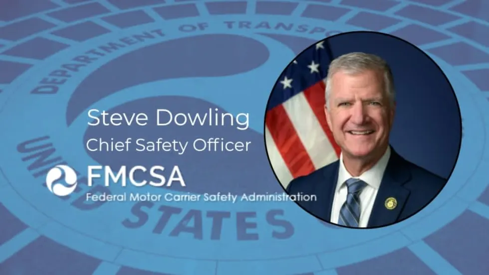 Graphic featuring FMCSA Chief Safety Officer Steve Dowling alongside the Federal Motor Carrier Safety Administration logo and U.S. Department of Transportation seal.