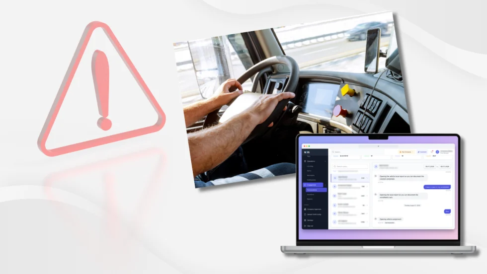 Illustration with driver behind the wheel, an alert sign, and a laptop