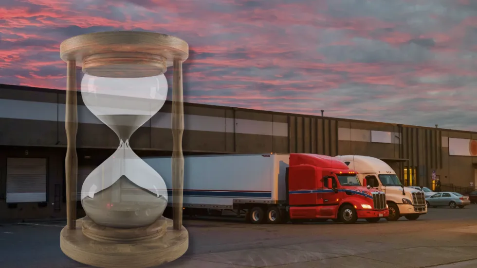 Illustration of hourglass and trucks backed up to a dock