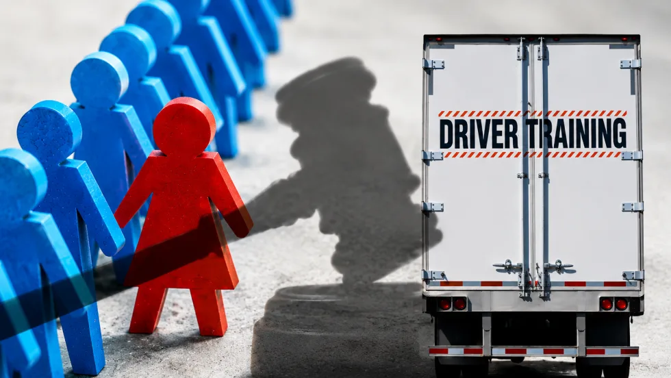 Illustration incorporating a gavel, the back of a driver training trailer, and art showing a blue female shape standing out in a row of male shapes.