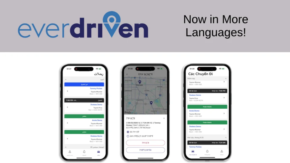 EverDriven app displayed on three smartphones in multiple languages, highlighting expanded language options for families using the student transportation platform.