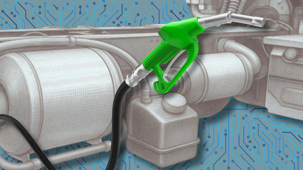 Illustration of exhaust aftertreatment system on an AI-inspired blue background and a green fuel pump nozzle in the foreground.