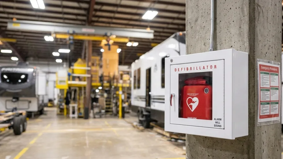 Automated external defibrillator (AED) mounted on a wall inside a manufacturing facility, highlighting workplace emergency preparedness and safety equipment availability.