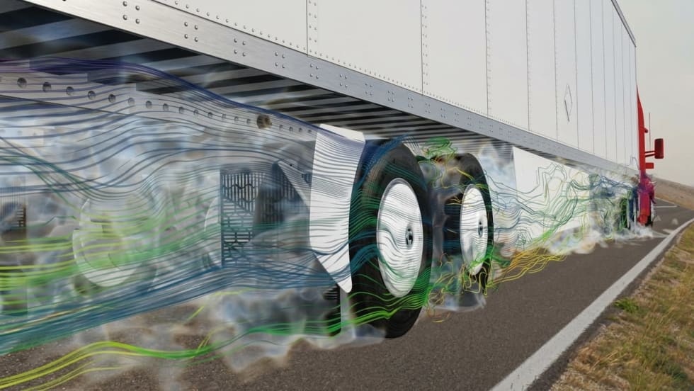 Computer rendering showing airflow around a trailer’s tandem wheels equipped with FlowBelow AeroSlider fairings and wheel covers.