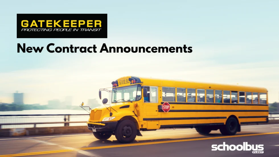 Graphic announcing Gatekeeper contract news featuring a yellow school bus driving along a waterfront roadway, with “New Contract Announcements” text and Gatekeeper branding displayed prominently.