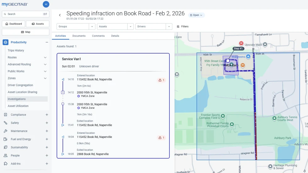 Screen shot of Geotab Investigations dashboard