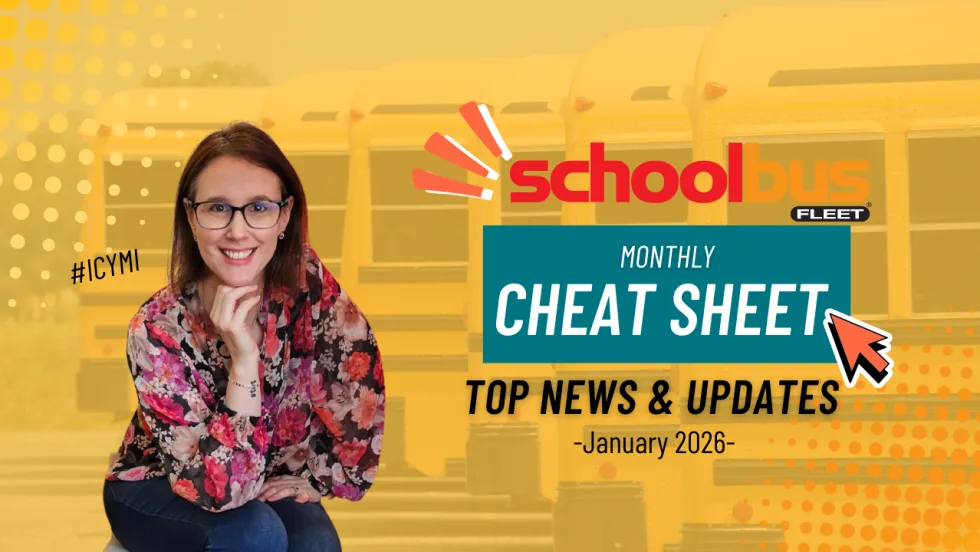 Amanda Huggett sits smiling in front of a row of yellow school buses beside a graphic reading “School Bus Fleet Monthly Cheat Sheet: Top News & Updates – January 2026,” promoting an industry news recap video.