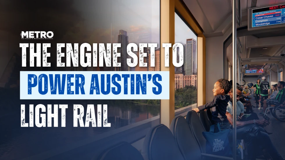 A rendering of a child looking out the window of a light rail car with a city skyline in the background.