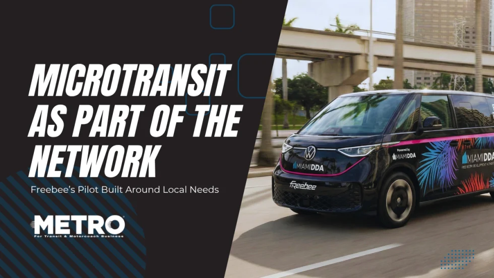 A Freebee microtransit van in Miami with text reading "Microtransit as Part of the Network."