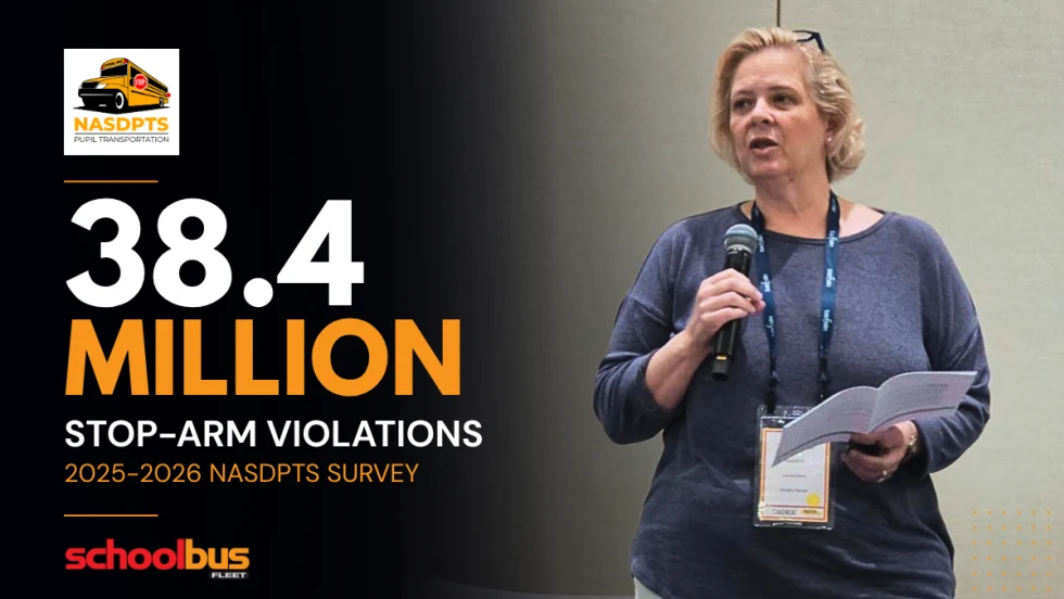 Graphic for a School Bus Fleet news story featuring the NASDPTS logo, a speaker presenting with a microphone, and the headline, "38.4 Million Stop-Arm Violations," highlighting annual illegal school bus passing estimates.