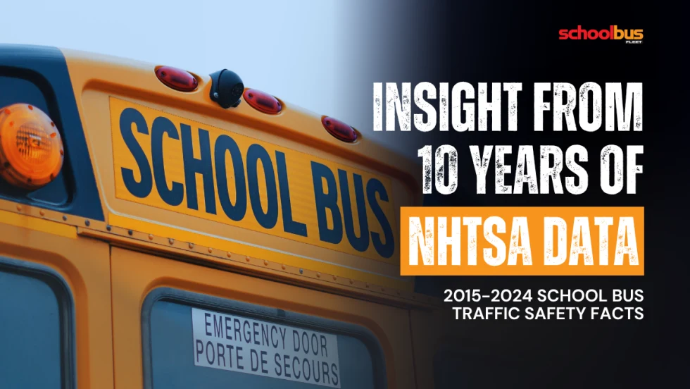 A close up detail of the back of a school bus with text reading "Insight From 10 Years of NHTSA Data."
