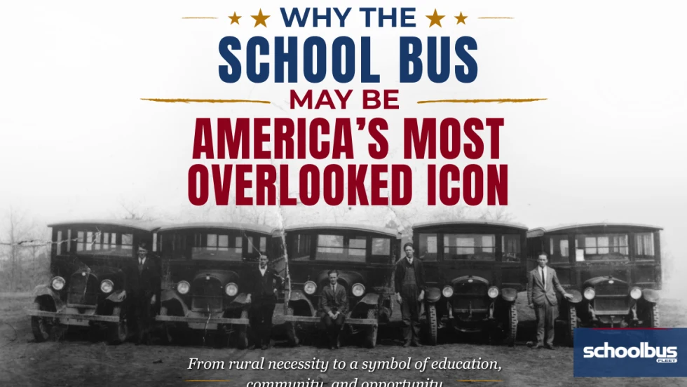 A black and white image of older school buses lined up with text reading "Why the School Bus May Be America's Most Overlooked Icon."