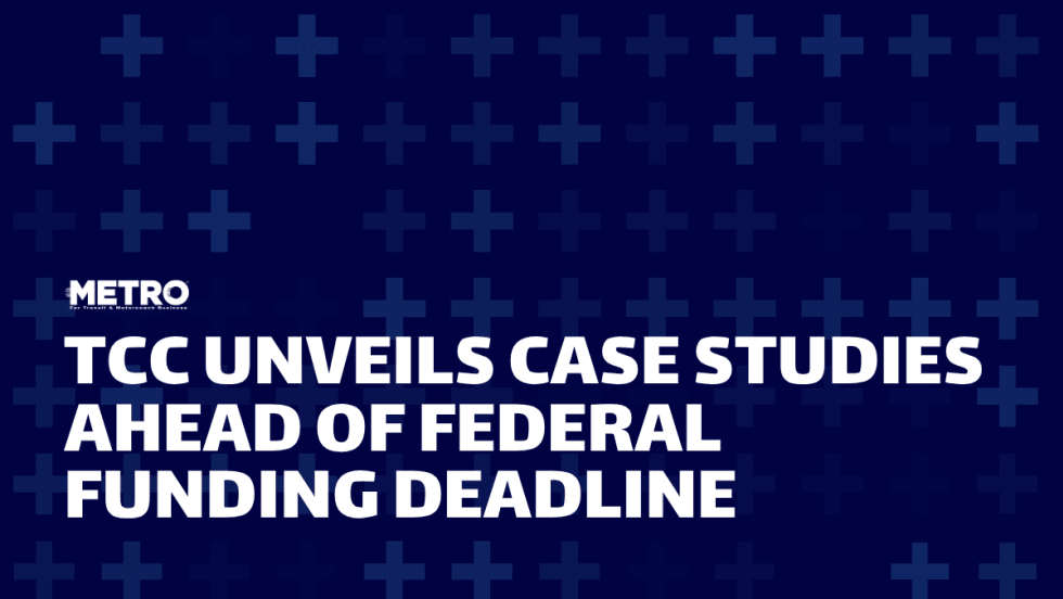A blue graphic with text reading "TCC Unveils Case Studies Ahead of Federal Funding Deadline."